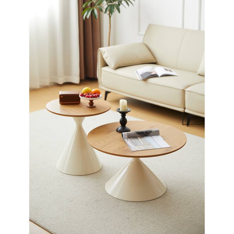 Round Coffee Table Set Of 2, Modern Accent End Tables For Living Room, Small Bedside Cupboard With Sturdy Base - Brown white
