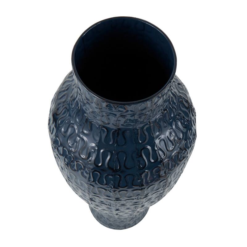 Dark Blue Metal Dimensional Textured Decorative Vase with Wavy Pattern