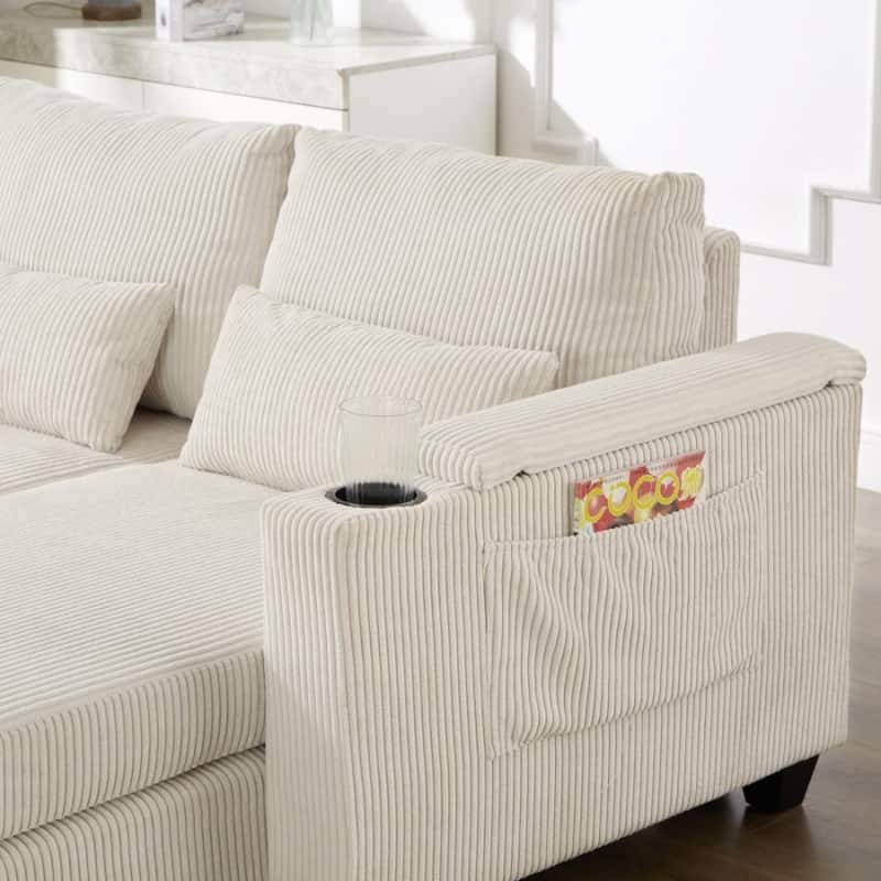 63" Corduroy Convertible Loveseat Sofa Bed with USB Ports, Two Cup Holders, A Phone Holder for Living Room