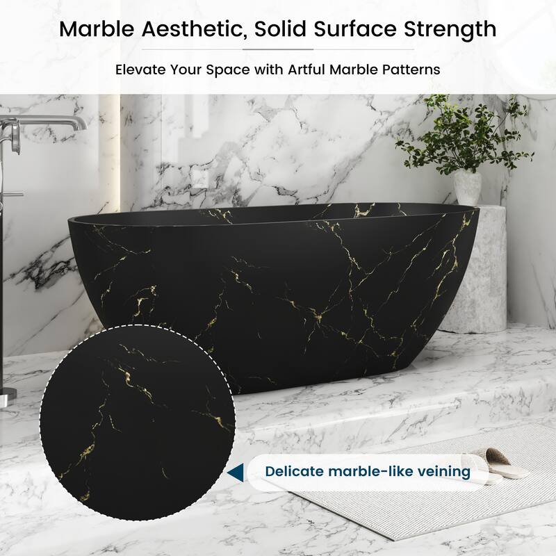 59 in Solid Surface Freestanding Soaking Bathtub in Matte Black with Sky Mirror Star River Marble Pattern, Center Drain