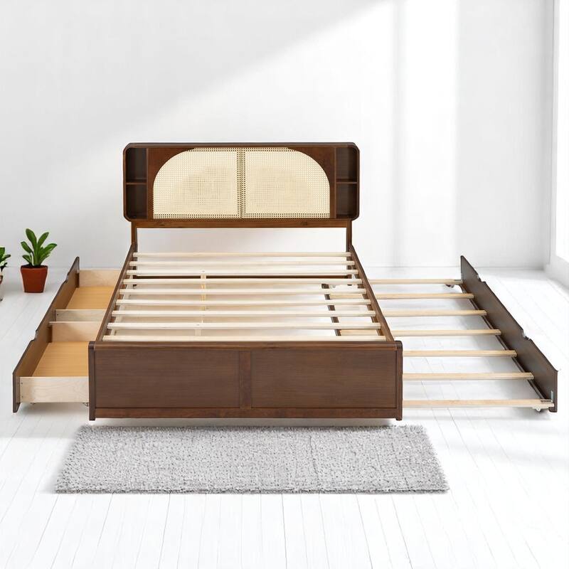 Queen Size Platform Bed with Rattan Headboard bed, 2 Drawers, Pull-Out Trundle bed, and Storage Compartments bed