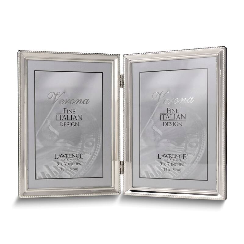 Curata Polished Silver-Plated 5x7 Portrait Hinged Double Frame - Bead Border Design