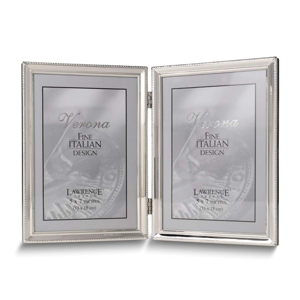 Curata Polished Silver-Plated 5x7 Portrait Hinged Double Frame - Bead Border Design