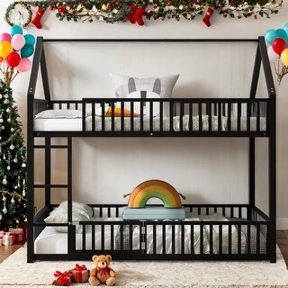 Black House Bunk Bed with Fence and Door,Playful Kids Bed,Twin over Twin