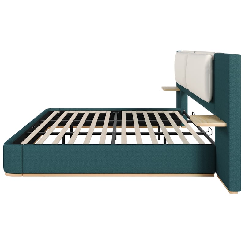 Roomfitters King Size Upholstered Platform Bed Frame, Modern Panel Headboard with Rounded Corners, Solid Wood Slats