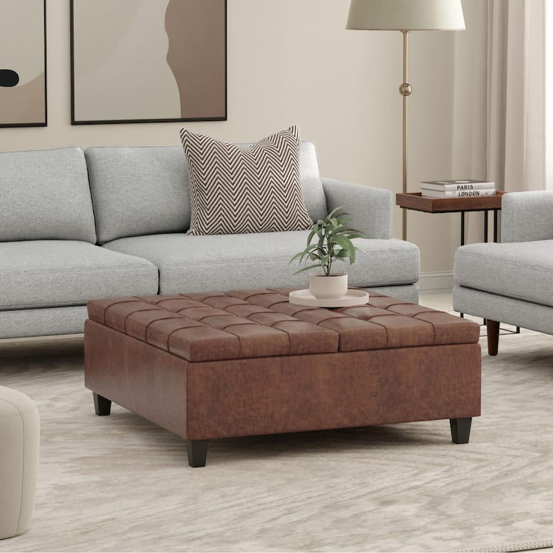 WYNDENHALL Elliot 40 inch Wide Transitional Square Table Ottoman - Distressed Saddle Brown