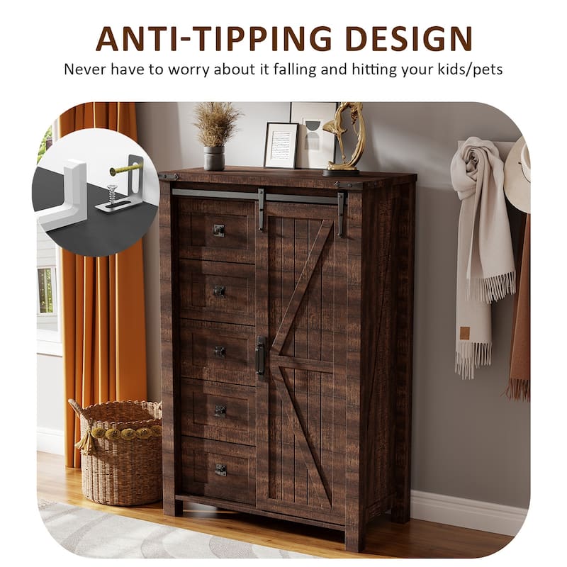 Farmhouse 5 Drawers Dresser, Vintage Chest of Drawers with Barn Door