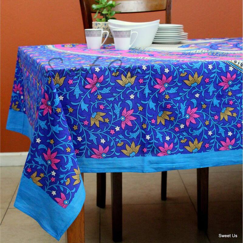 Cotton Floral Twin Peacock Tablecloth Indian BlockPrint Rectangle