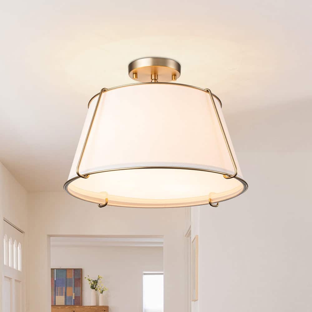 4-Light Modern Conical Drum Semi-Flush Mount With White Fabric Shade