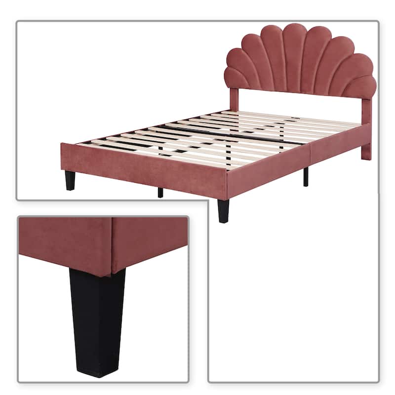 Stylish Unique Velvet Upholstered Platform Bed Frame with Flower-Shaped Headboard