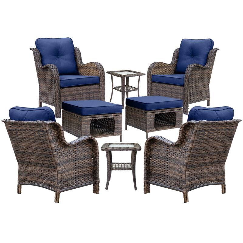 8 Piece Outdoor Wicker Patio Furniture Conversation Chair and Ottoman Set