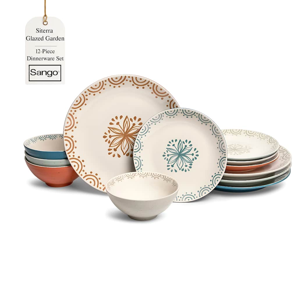 Sango Siterra Glazed Garden 12-Piece Speckled Stoneware Dinnerware Set for 4- Glossy Plates and Bowls Set with Floral Pattern