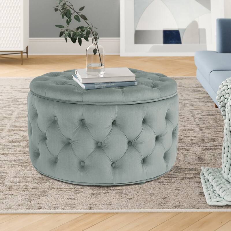 Adeco Round Velvet Button Tufted Storage Ottoman Footrest Footstool - Grey