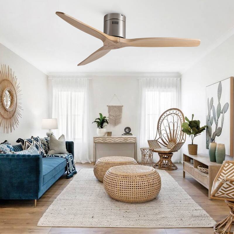 52In. Farmhouse Indoor Flush Mount Low Profile Ceiling Fan with Solid Wood Blades and Remote Control