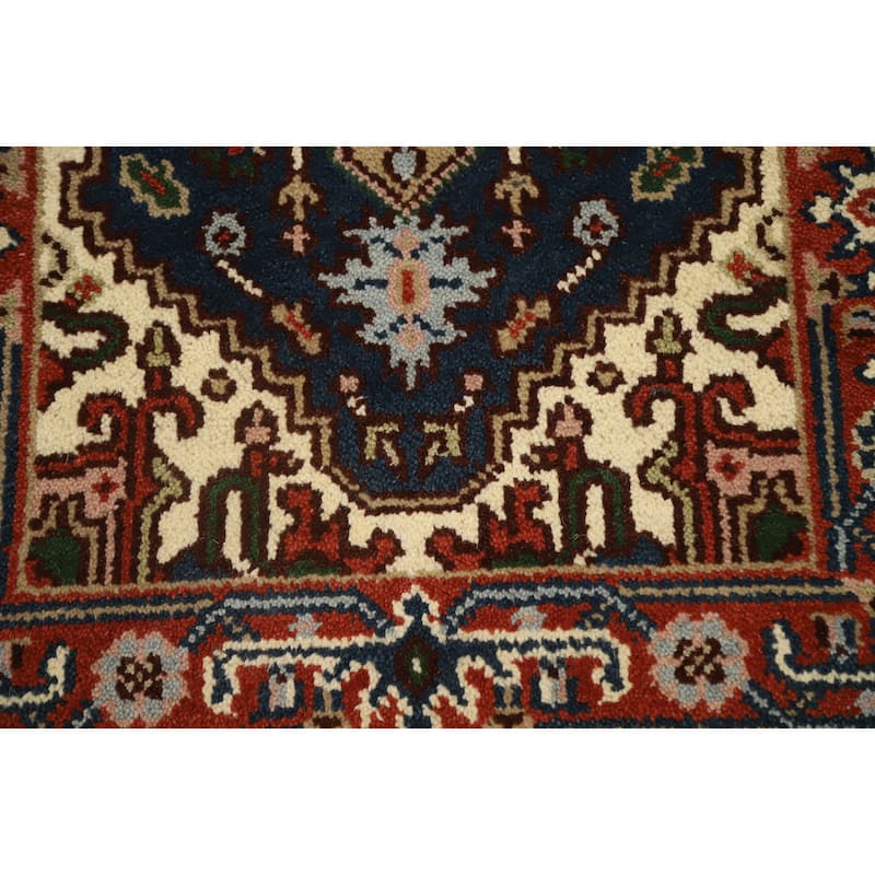 Hand Knotted Oriental 100% Wool Carpet Traditional Geometric Navy Blue & Blues Heriz (serapi) Runner Rug - 8' 4'' X 2' 5''