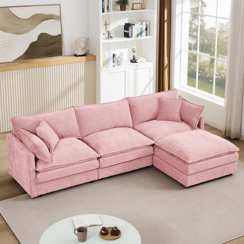 GDFStudio - Chenille Modular 3-Seater 102" L-Shaped Sectional Sofa with Ottoman - Pink