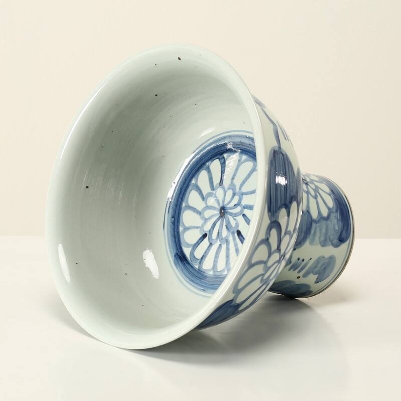 Hand Painted Blue and White Pedestal Bowl-16" W x13"H