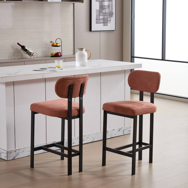 Bar Stools Set of 2, Fabric Upholstered Counter Height Bar Stools, Open Back Dining Chairs with Metal Legs & Footrest