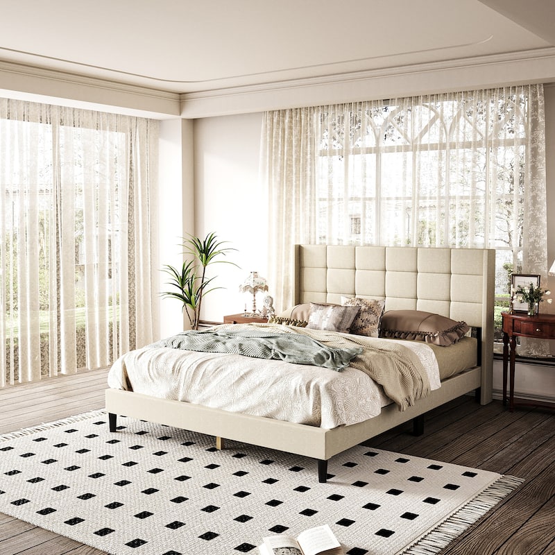 Farmhouse Queen Bed Frame Upholstered Button-Tufted Headboard Beige