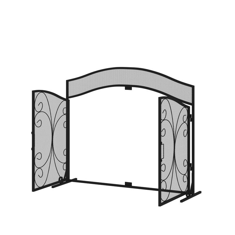 Classic Black Wrought Iron Fireplace Screen with Arched Double Doors, Decorative Mesh Fire Guard for Indoor Home Hearth Safety