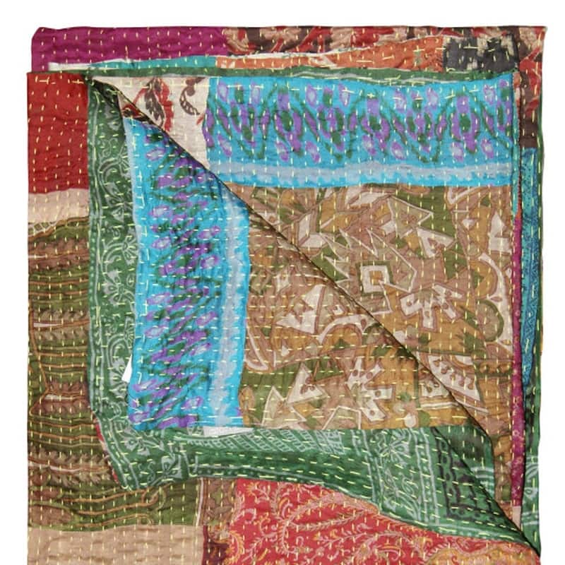 HomeRoots 50" X 70" Tan And Beige Patchwork Silk Quilted Kantha Throw Blanket with Embroidery