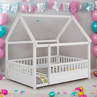 Full Size Floor House Bed with Fence Guardrails