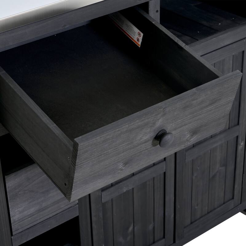 Extendable 41.9" Outdoor Kitchen Island with Stainless Steel Top and Side Spice Rack, Kitchen Cart with Drawers, Storage Cabinet