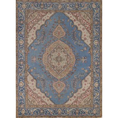 Blue Geometric Tabriz Persian Vintage Rug Hand-Knotted Wool Carpet - 8'2"x 10'9"