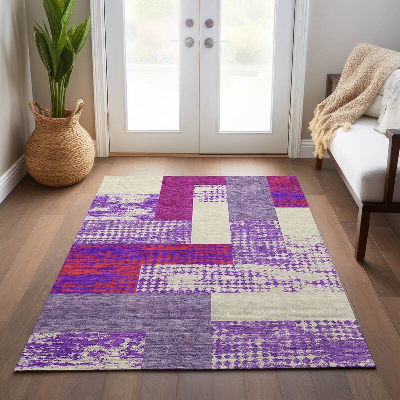 Machine Washable Indoor/ Outdoor Modern Blocks Chantille Rug