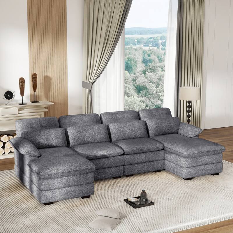 U-Shaped 111.8" Cloud Combo Sofa 4-Seater Chenille Fabric Sofa with Arms