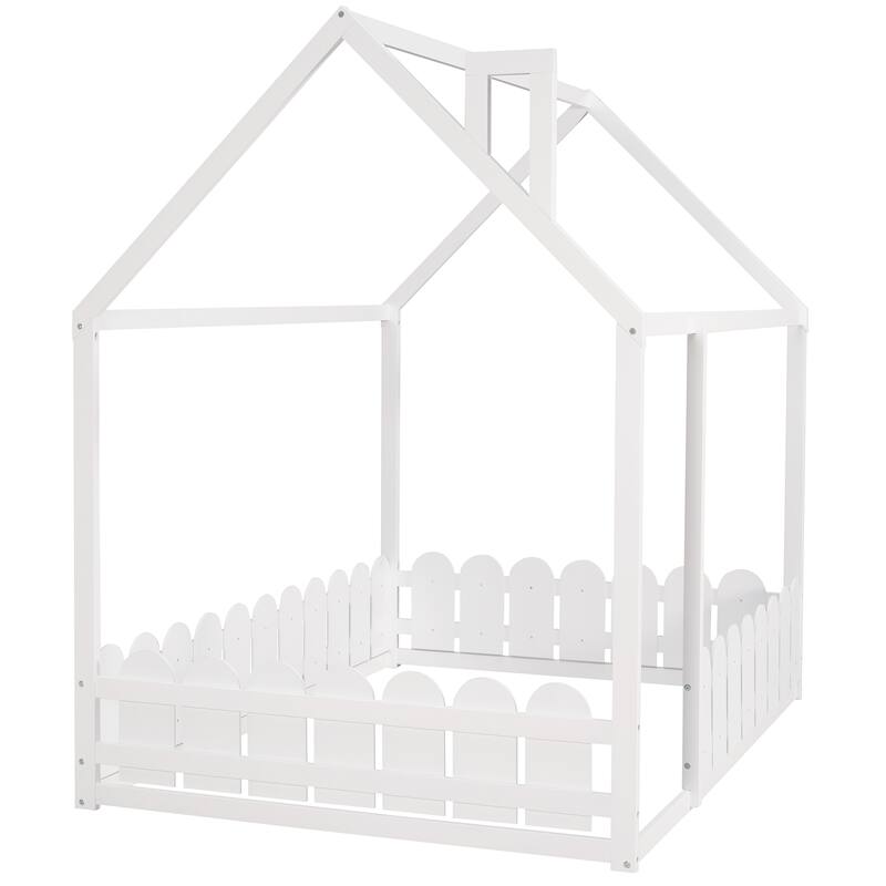 Full Size Wood House Bed Frame with Fence for Kids and Teens, White