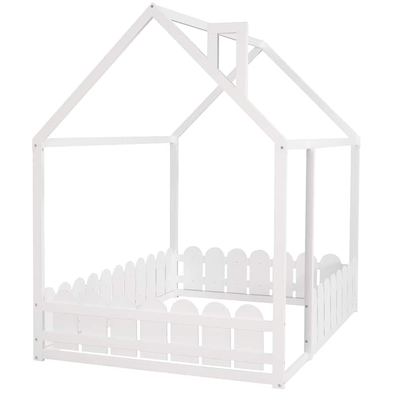 Kids Full Size Floor Bed Frame Semi-Enclosed Playhouse Bed with Roof and Fence, Wooden Platform Bed with Play Area