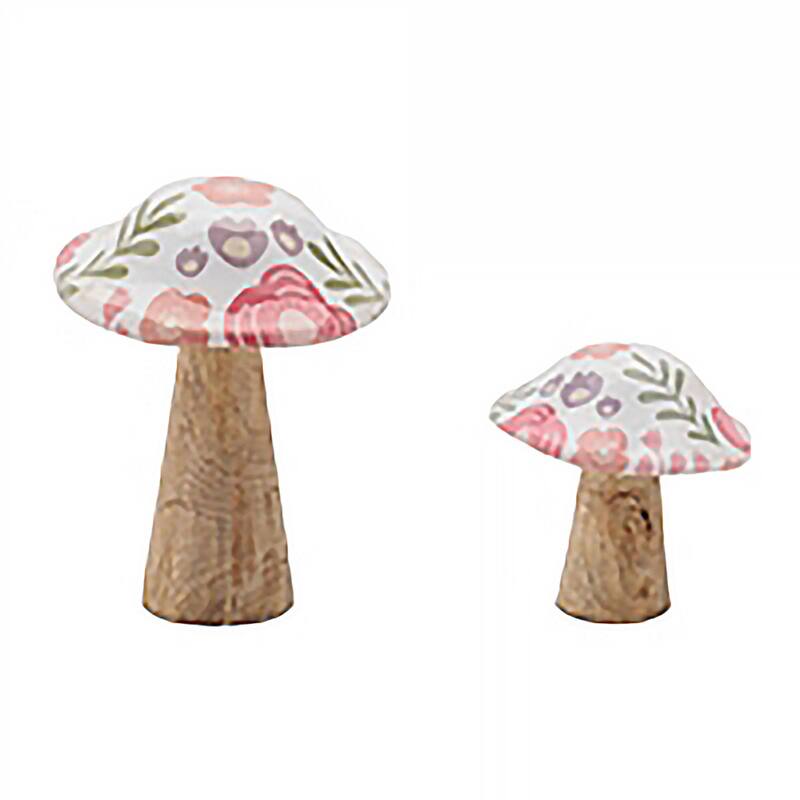Floral Mango Wood Mushroom Decorations - 6.5" - Brown and Pink - Set of 2