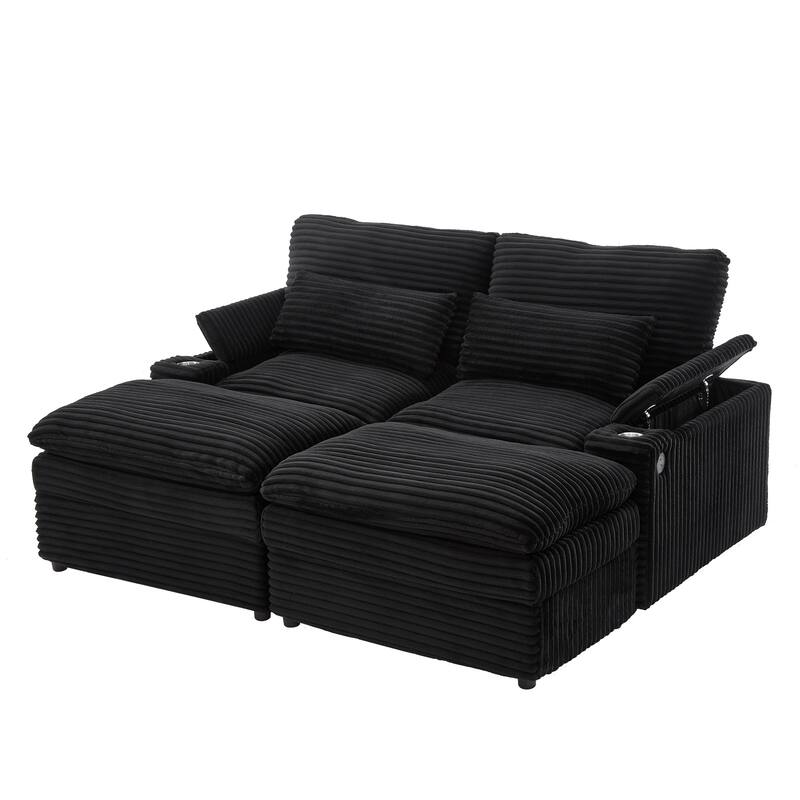 L-Shaped Corduroy Sectional Sofa w/ USB Ports & Cup Holders, 2-seater Sofa Loveseat w/ 2 Ottomans, Convertible Sleeper Sofa Bed