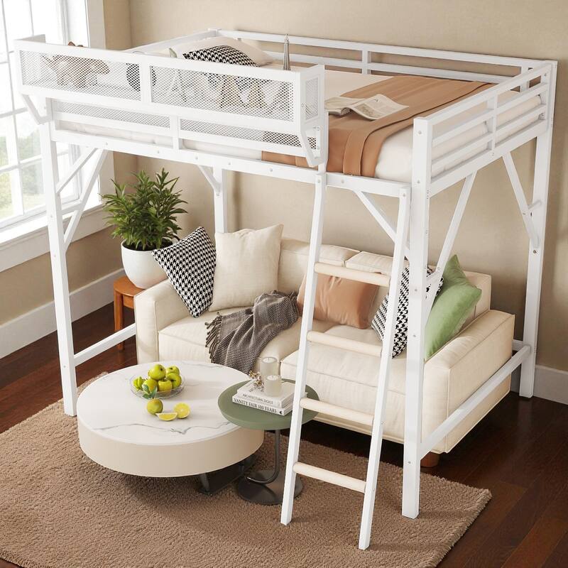 Full/Queen Size Metal Loft Bed with Storage Shelves, Guardrails, and Ladder, Space-Saving High Loft Bed for Kids and Teens