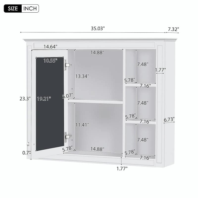 Modern Wall-Mounted Bathroom Storage Cabinet with Mirror - Includes 6 Open Shelves
