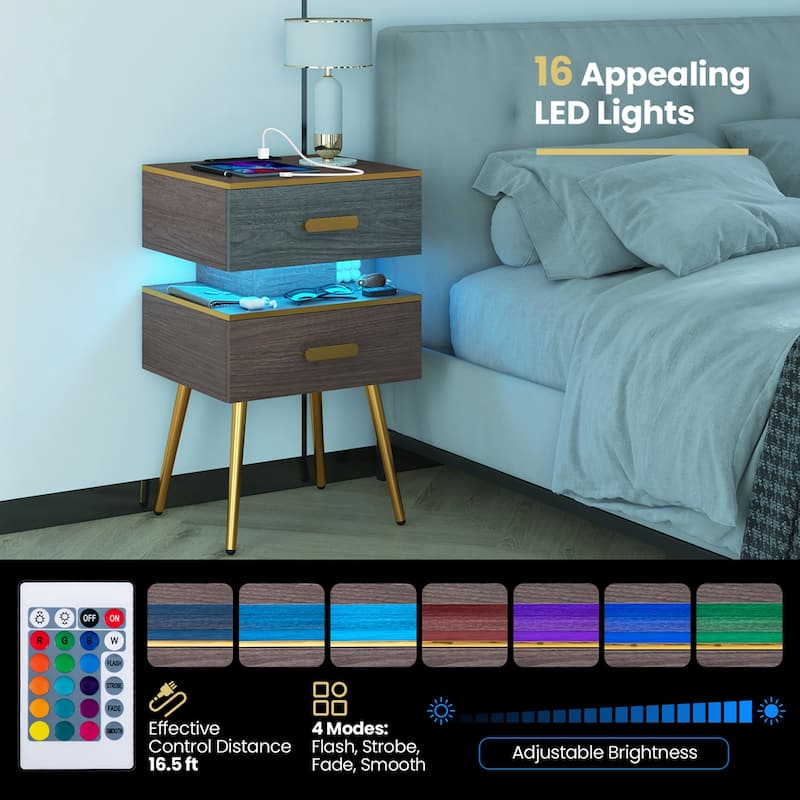 Costway 1/2 PCS Nightstand with Charging Station Bedside Sofa Side