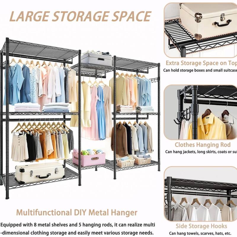 Heavy Duty Garment Rack with 8 Shelves & 5 Rails, Black