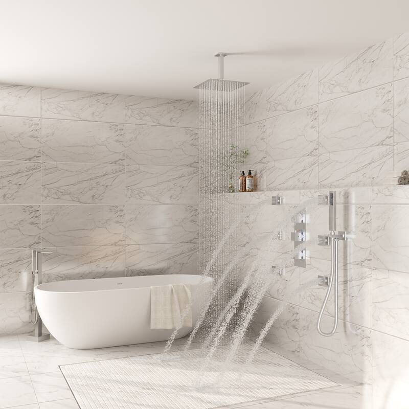 Thermostatic 3-Spray 12 in. Ceiling Mount Shower System with Handheld Shower Head and 6 Body Jets - 12" x 12"