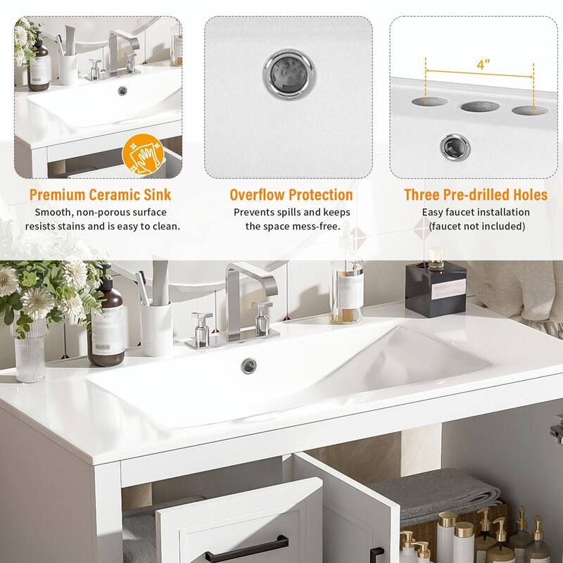 36" Modern Bathroom Vanity with Ceramic Sink, Soft-Close Door, Adjustable Shelf & 3 Drawers