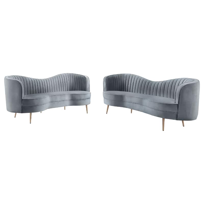 Enzo 2pc Living Room Sofa Set, Modern Curved, Gray Channel Tufted Velvet