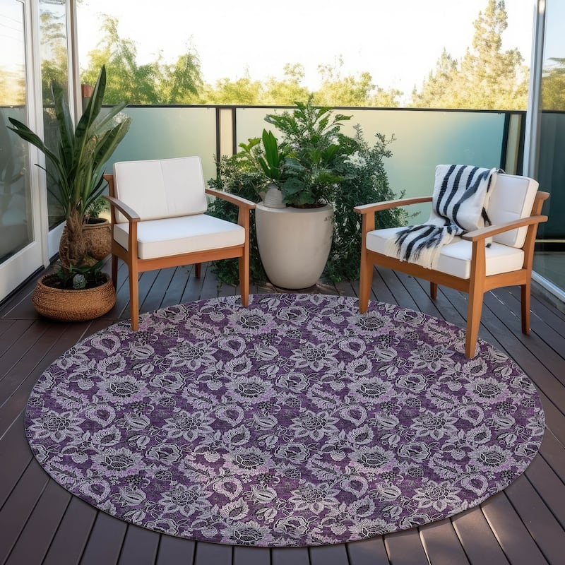 Machine Washable Indoor/ Outdoor Chantille Floral Farmhouse Rug - Eggplant - 8' x 8'