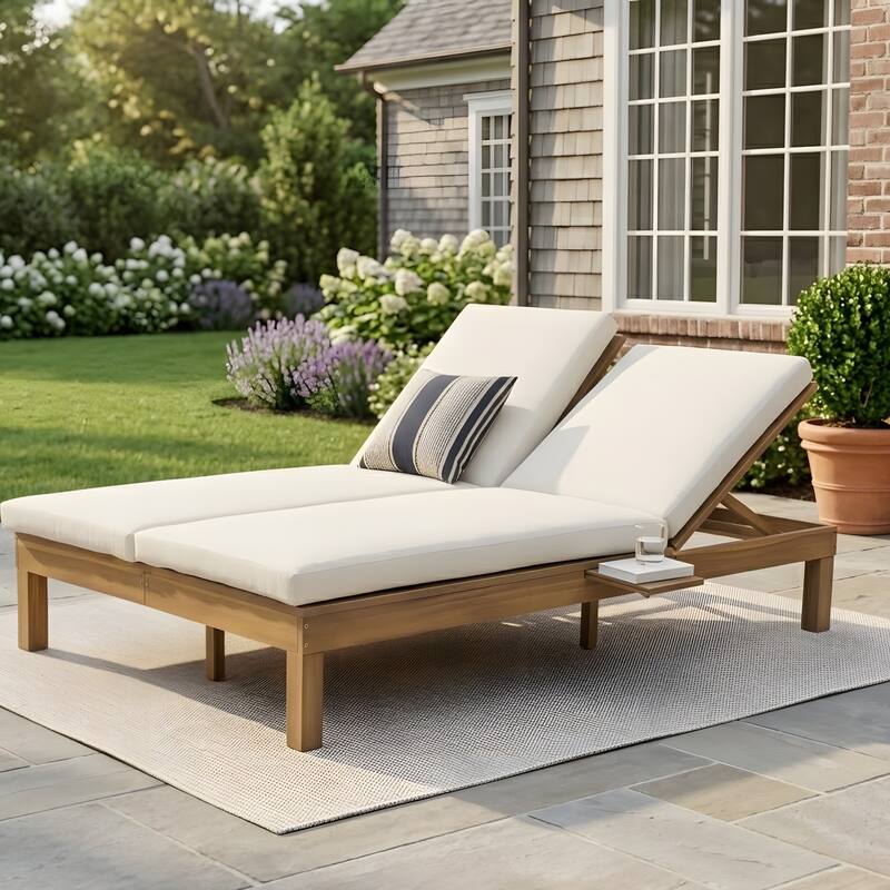 5-position adjustable backrest double recliner, outdoor lounger with cushion and foldable side tray, accommodates two people.