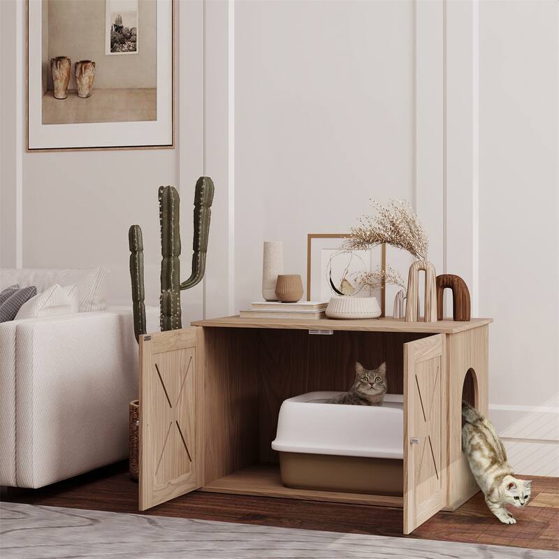 Walnut Cat Litter Box Enclosure with Side Access Door and Ventilated Front for Privacy