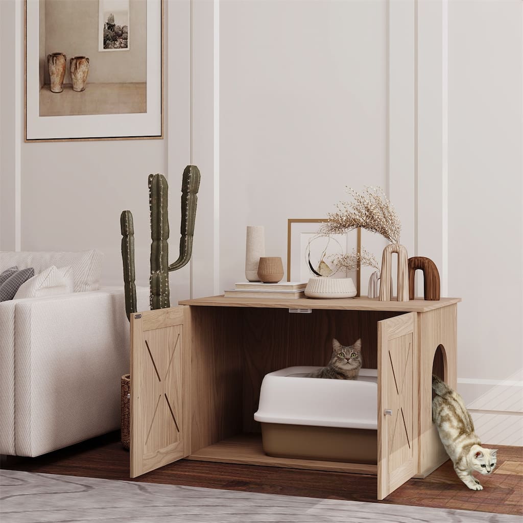 Walnut Cat Litter Box Enclosure with Side Access Door and Ventilated Front for Privacy