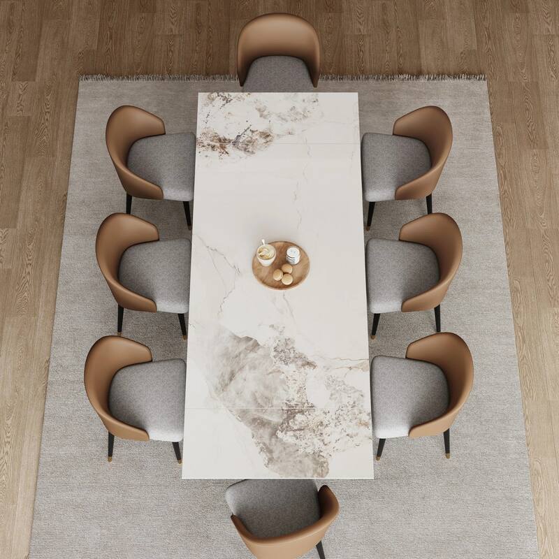9 - Piece 94.48'' Rectangular Extendable Sintered Stone Dining Table with 8 Faux leather Chairs Dining Set