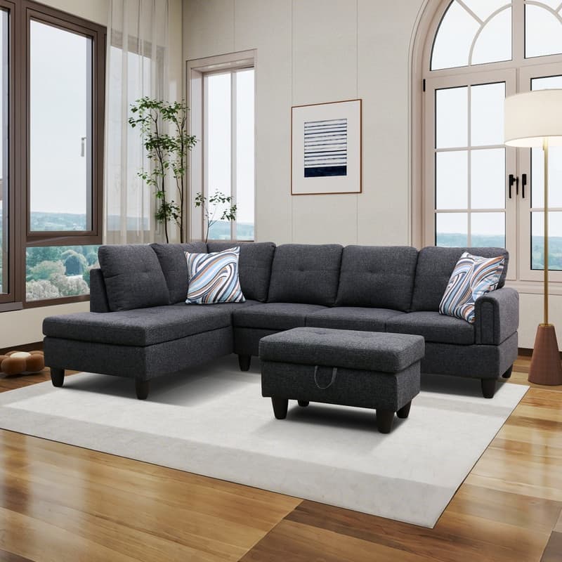 Durable 3PC Sectional Sofa with Double Spring Support, Breathable Fabric, Storage Ottoman