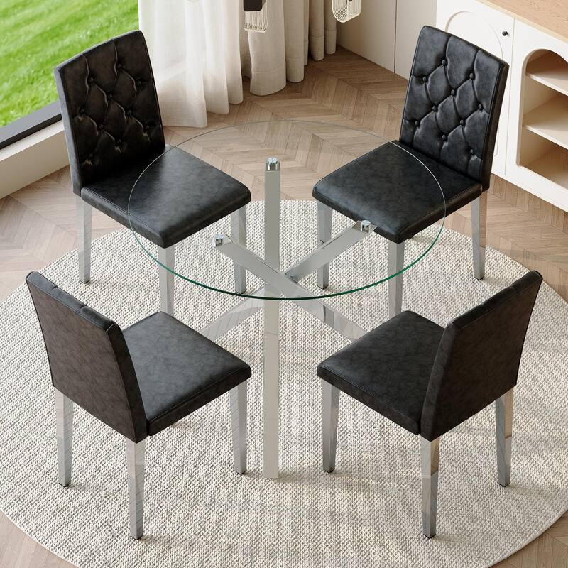 5 Piece Dining Table Set with 39 Inch Round Glass Top X-Shaped Metal Base and 4 PU Chairs