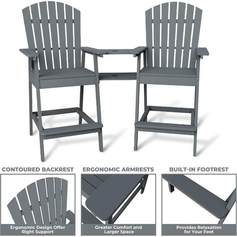 Set of 2 Outdoor Tall Adirondack Chairs Barstools for Deck, Balcony, Backyard, Patio Bar