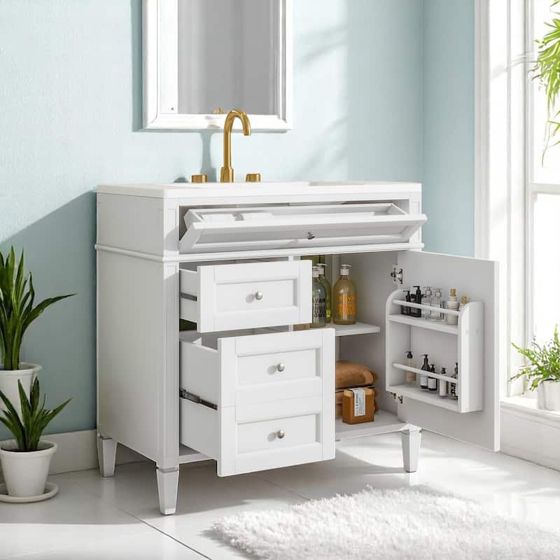 36 Inch Bathroom Vanity with Sink Top, Freestanding Storage Cabinet with 3 Drawers and Single Door, Modern Style - White